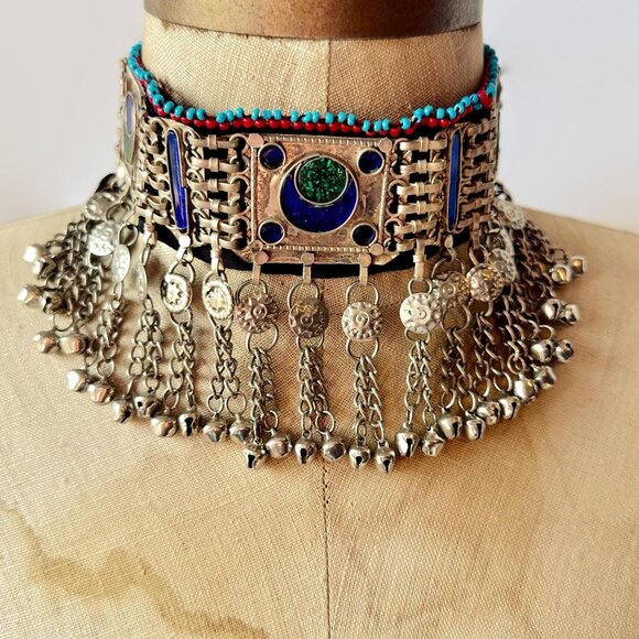 Boho Choker, Afghan, Arm Band, Anklet, Middle Eastern, Vintage Necklace, Blue, - Picture 3 of 5